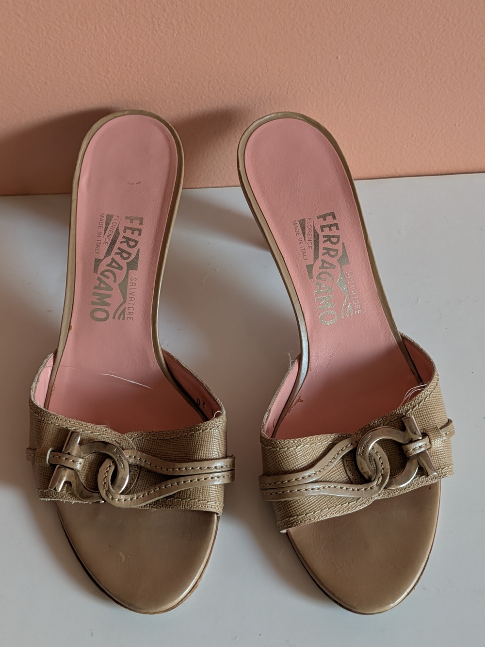 Salvatore Ferragamo Neutral Canvas Leather Gancini Mule Sandals Slides Kitten